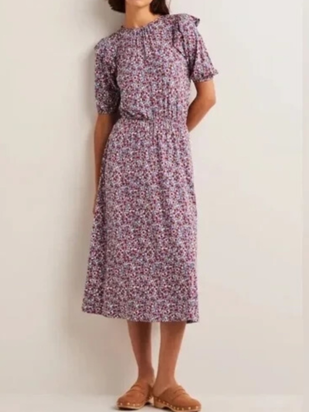 Boden Jersey Knit Midi Dress Ruffle Shoulder Paisley Floral All Over Print Sz 4